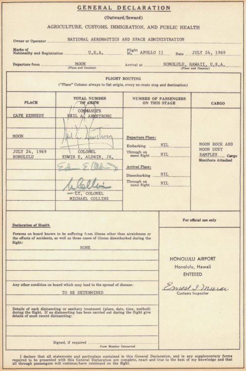 Formulario de entrada en EE.UU. del Apolo XI